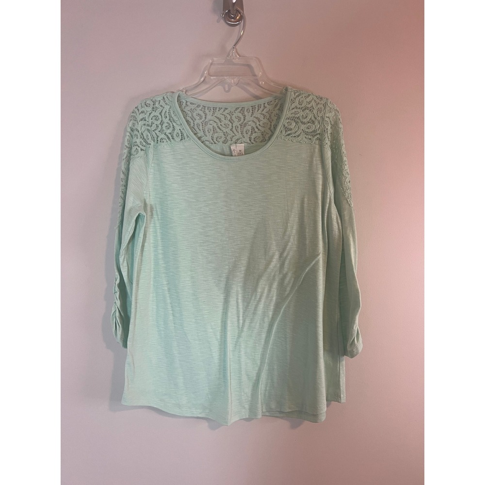 Cato Mint‎ Green Lace Shoulder Slub Knit Ruched 3/4 Sleeve Top Medium